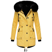 Damenparka mit Kapuze, Knöpfen und Taschen in Gelb