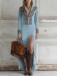 Thorhild | Damen Maxikleid Fransen Wildleder-Optik Boho Romantic Western in Blau