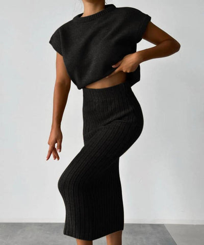 Stracky | Zweiteiliges Set mit ärmellosem Cardigan und Strickrock für stilvolle Eleganz