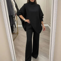 LyraKnit™ - Set aus Hochwertigem Strick mit Strukturierter Oversize-Bluse und Gerader Hose – Natürliche Eleganz! in Schwarz
