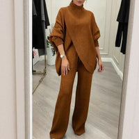 LyraKnit™ - Set aus Hochwertigem Strick mit Strukturierter Oversize-Bluse und Gerader Hose – Natürliche Eleganz! in Braun
