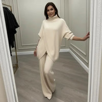LyraKnit™ - Set aus Hochwertigem Strick mit Strukturierter Oversize-Bluse und Gerader Hose – Natürliche Eleganz! in Weiß