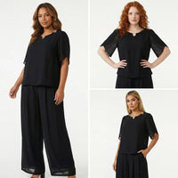Elara™ Elegantes Popeline-Set mit Raffiniertem Ausschnitt und Langer Hose in Schwarz