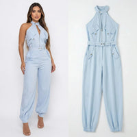 Dominna™ Jumpsuit aus Leichter Sarja im Raffinierten Cargo-Stil in Blau
