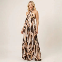 Isla Nomad™ Langes Viskosekleid mit Fließendem Schnitt und Wilder Musterung in Beige