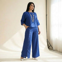 Roots™ Baumwoll-Leinen-Set mit Lockerem Oberteil und Eleganter Weit Geschnittener Hose in Blau