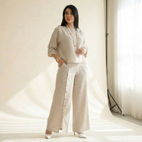 Roots™ Baumwoll-Leinen-Set mit Lockerem Oberteil und Eleganter Weit Geschnittener Hose in Cremefarben