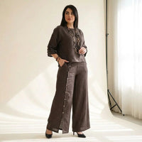 Roots™ Baumwoll-Leinen-Set mit Lockerem Oberteil und Eleganter Weit Geschnittener Hose in Kaffee