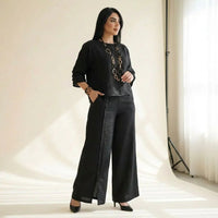 Roots™ Baumwoll-Leinen-Set mit Lockerem Oberteil und Eleganter Weit Geschnittener Hose in Schwarz