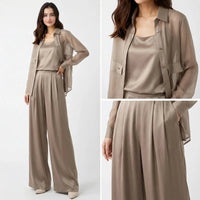 Seville Satin Touch™ 3-Teiliges Set mit Fließender Überwurfbluse und Weiter Hose in Khaki