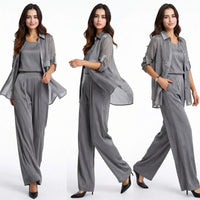 Seville Satin Touch™ 3-Teiliges Set mit Fließender Überwurfbluse und Weiter Hose in Grau