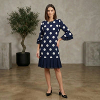 Cäcilia™ Klassisches Midikleid mit Volants in Blau mit Weißen Punkten