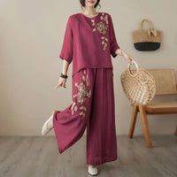 Nicole™ Set aus Baumwoll Leinen mit zarter Blumenstickerei und Pantalon Hose in Bordeauxrot