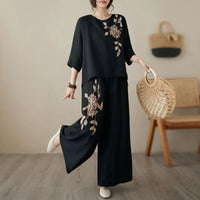 Nicole™ Set aus Baumwoll Leinen mit zarter Blumenstickerei und Pantalon Hose in Schwartz