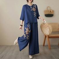Nicole™ Set aus Baumwoll Leinen mit zarter Blumenstickerei und Pantalon Hose in Dunkelblau