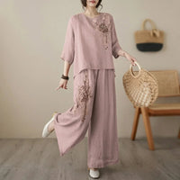 Nicole™ Set aus Baumwoll Leinen mit zarter Blumenstickerei und Pantalon Hose in Hellrosa