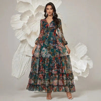 Orphélia™-Kleid mit Luxuriösem Kunstdruck und Fließenden Lagen in Petrol Floral