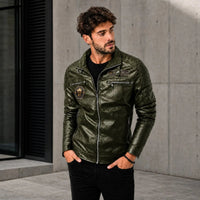 Vorreiter™ Premium Lederjacke mit Stehkragen in Olivgrün