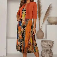 Rennes™ Set mit Künstlerischem Print und Offener Kurzer Strickjacke in Orange
