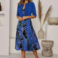 Rennes™ Set mit Künstlerischem Print und Offener Kurzer Strickjacke in Blau
