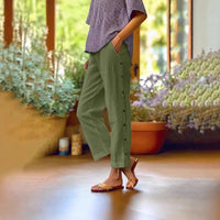 Ella™ Cropped-Hose aus Baumwoll-Leinen mit Eleganten Seitlichen Knöpfen in Grün