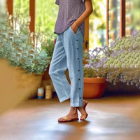 Ella™ Cropped-Hose aus Baumwoll-Leinen mit Eleganten Seitlichen Knöpfen in Blau