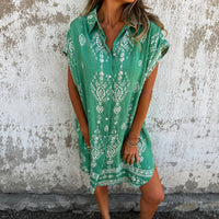 Zahara™ Hemdblusenkleid aus Baumwoll-Leinen mit Boho-Muster in Grün