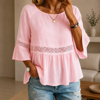 Alina™ Bluse aus Baumwoll-Leinen mit Zarter Spitze und Ausgestellten Ärmeln in Rosa