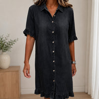 Hemdblusenkleid Marla™ aus Leichtem Denim mit Klassischem Kragen und Volantärmeln in Schwarz