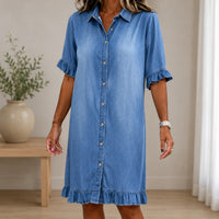 Hemdblusenkleid Marla™ aus Leichtem Denim mit Klassischem Kragen und Volantärmeln in Blau