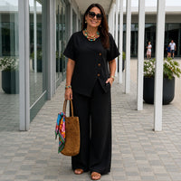 Savena™ Set aus Baumwollleinen mit asymmetrischer Bluse und fließender Palazzohose in Schwarz