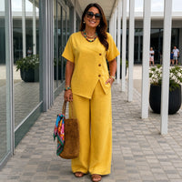 Savena™ Set aus Baumwollleinen mit asymmetrischer Bluse und fließender Palazzohose in Gelb