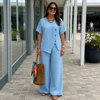 Savena™ Set aus Baumwollleinen mit asymmetrischer Bluse und fließender Palazzohose in Blau