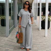 Savena™ Set aus Baumwollleinen mit asymmetrischer Bluse und fließender Palazzohose in Grau