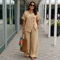 Savena™ Set aus Baumwollleinen mit asymmetrischer Bluse und fließender Palazzohose in Khaki