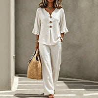 Carmelle™ Set Mit Button-Up-Bluse, Rüschenärmeln Und Palazzo-Hose in Weiß