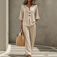 Carmelle™ Set Mit Button-Up-Bluse, Rüschenärmeln Und Palazzo-Hose in Khaki