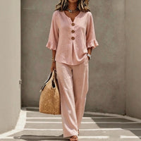 Carmelle™ Set Mit Button-Up-Bluse, Rüschenärmeln Und Palazzo-Hose in Pink