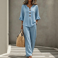 Carmelle™ Set Mit Button-Up-Bluse, Rüschenärmeln Und Palazzo-Hose in Hellblau