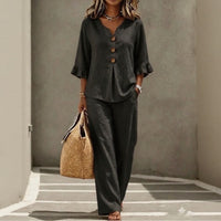 Carmelle™ Set Mit Button-Up-Bluse, Rüschenärmeln Und Palazzo-Hose in Schwarz