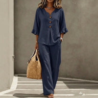 Carmelle™ Set Mit Button-Up-Bluse, Rüschenärmeln Und Palazzo-Hose in Dunkelblau