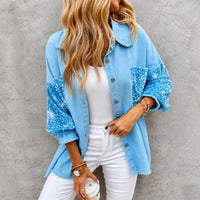Hemdjacke Lene™ mit Paillettenärmeln, Paillettentasche und offenen Kanten in Blau