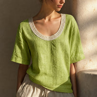 Bluse Alma™ mit Leinen-Baumwoll-Mix und Häkel-Ausschnitt in Grün