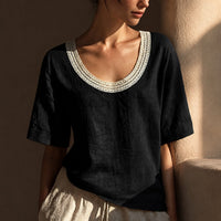 Bluse Alma™ mit Leinen-Baumwoll-Mix und Häkel-Ausschnitt in Schwarz