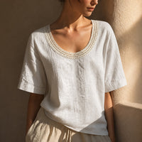 Bluse Alma™ mit Leinen-Baumwoll-Mix und Häkel-Ausschnitt in Weiß
