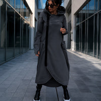 Langer Oversize-Mantel Malva™ mit Kapuze, Reißverschluss und Daumenlochbündchen in Grau