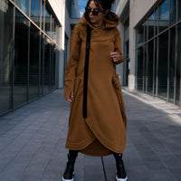 Langer Oversize-Mantel Malva™ mit Kapuze, Reißverschluss und Daumenlochbündchen in Khaki