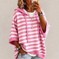 Leichter Pullover Monika™ mit Kapuze, Kontraststreifen und Rippabschluss in Rosa