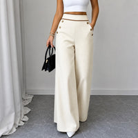 Hose Marlene™ mit Hoher Taille, Kontrastpaspel und Weitem Schnitt in Beige
