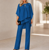 Celienne™ Set mit Chiffonbluse, Mullet-Saum und eleganter Hose mit geradem Schnitt / Ein kompletter Look für besondere Anlässe in Blau